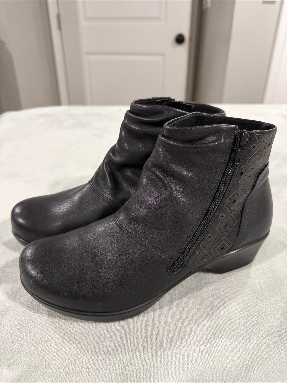 Abeo Black Leather Ankle Booties with Side Zip. Includes orthotic inserts.